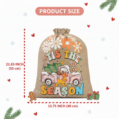 Christmas Burlap Gift Bags – 3PCS Large Reusable Drawstring Santa Sack Set, Retro Holiday Gift Wrap Bags with Tags & Ribbons