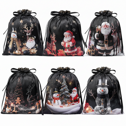 Christmas Drawstring Gift Bags Set – 6PCS Reusable Holiday Present Bags with Santa & Snowman Prints, Easy Wrapping in 10 Seconds
