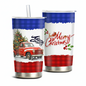 Christmas Red Truck Stainless Steel Tumbler – 20oz Insulated Travel Mug with Lid & Straw, Holiday Plaid Merry Christmas Cup for Hot & Cold Drinks