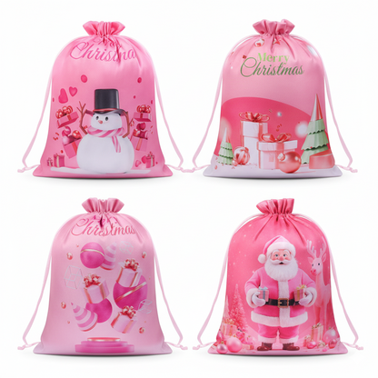 Pink Christmas Drawstring Gift Bags – 4PCS Reusable Holiday Present Bags with Santa & Snowman Prints, Easy 10-Second Wrapping