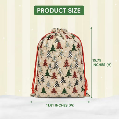Christmas Foil Gift Bags – 6PCS Burlap-Style Reusable Drawstring Santa & Tree Pattern Bags, 10-Second Easy Gift Wrapping with Tags & Ribbons