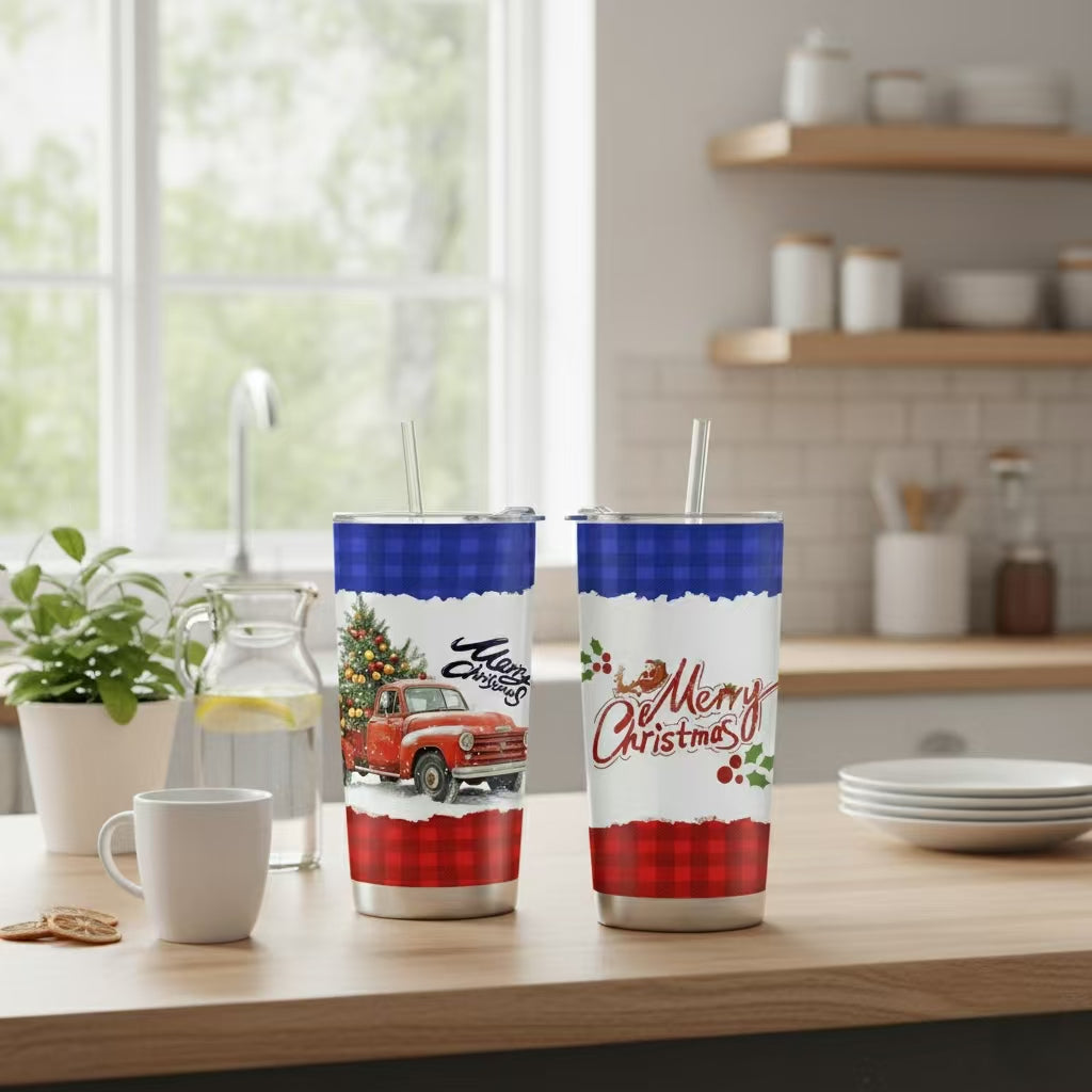 Cozy Christmas Collection — 20oz Stainless Steel Tumblers Red Truck Christmas Tree