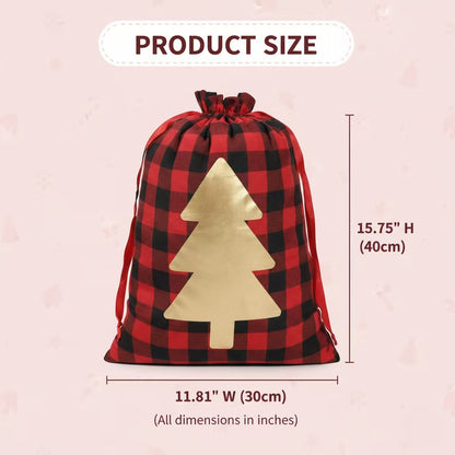 Buffalo Plaid Christmas Gift Bags – 3PCS Red & Black Check Foil Drawstring Bags, Reusable Holiday Wrapping Sacks with Gold Deer, Tree & Snowflake Designs